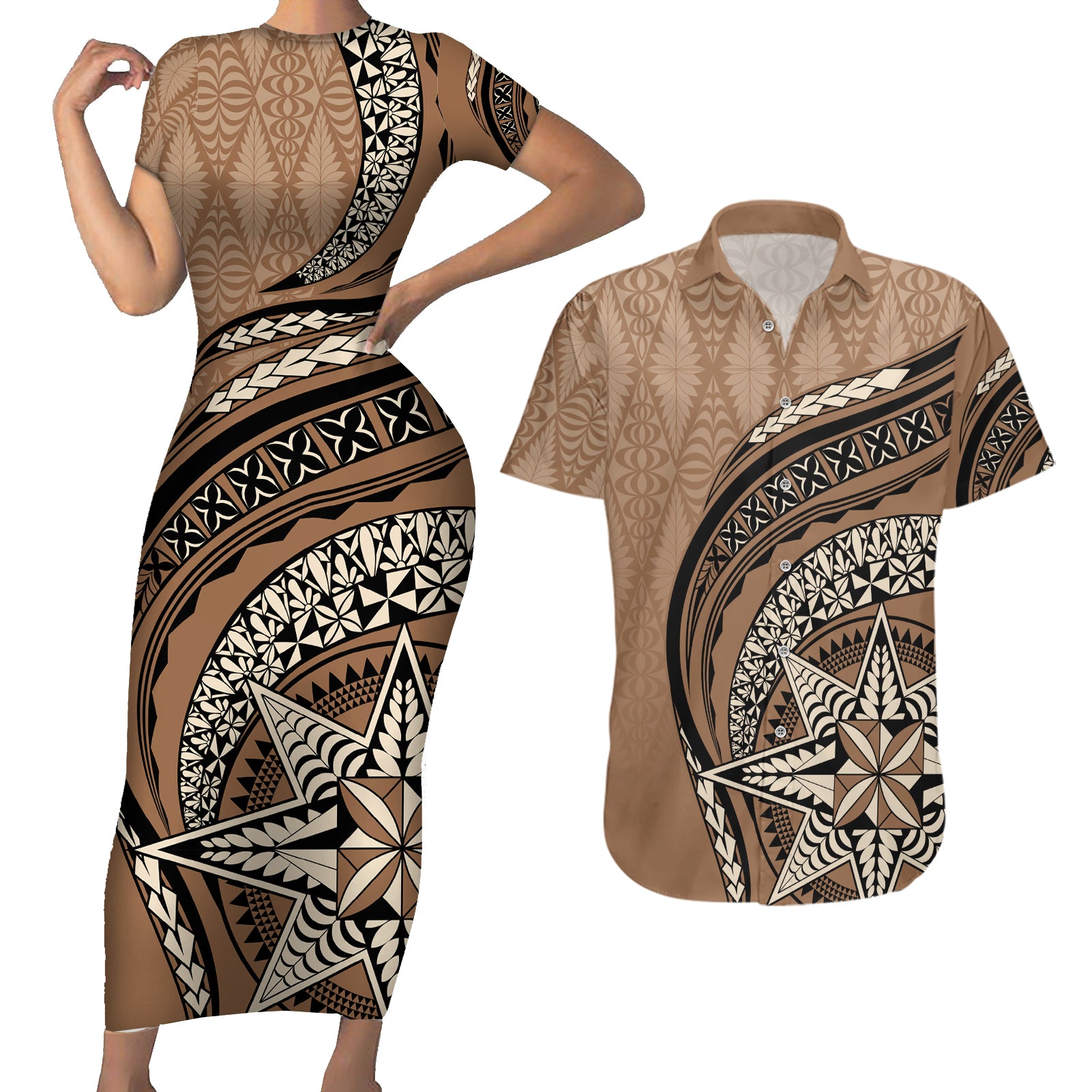 Tonga Ngatu Couples Matching Short Sleeve Bodycon Dress and Hawaiian Shirt Tokelau Classic Motifs LT7 Brown - Polynesian Pride