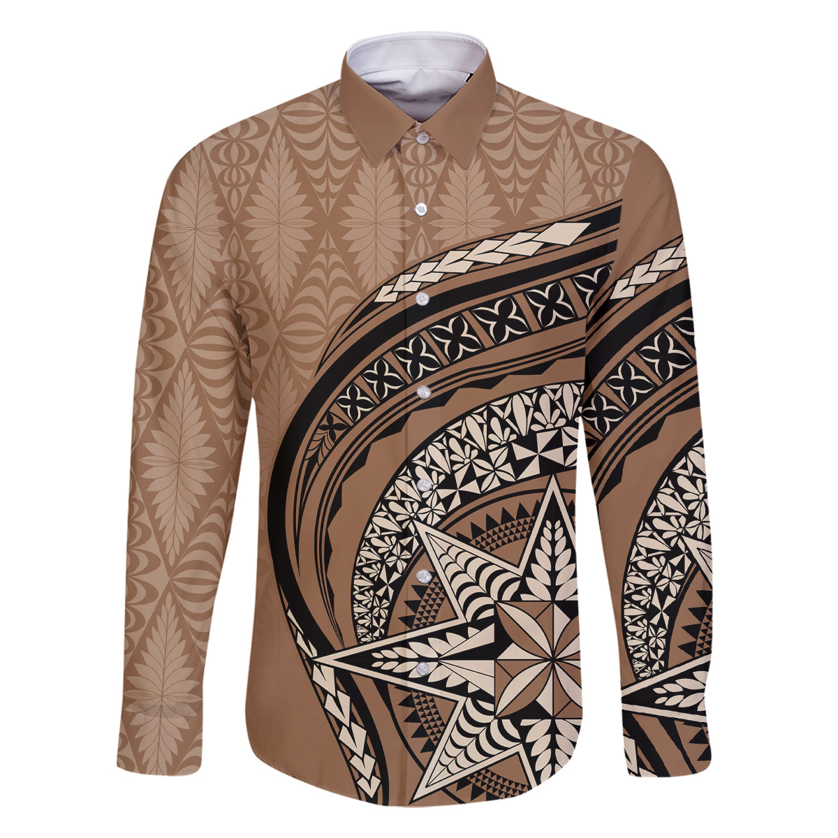Tonga Ngatu Family Matching Off Shoulder Short Dress and Hawaiian Shirt Tokelau Classic Motifs LT7 Dad's Shirt - Long Sleeve Brown - Polynesian Pride