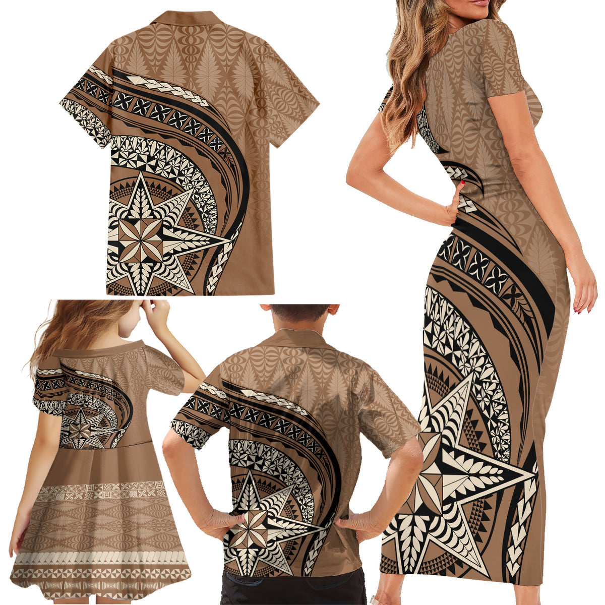 Tonga Ngatu Family Matching Short Sleeve Bodycon Dress and Hawaiian Shirt Tokelau Classic Motifs LT7 - Polynesian Pride