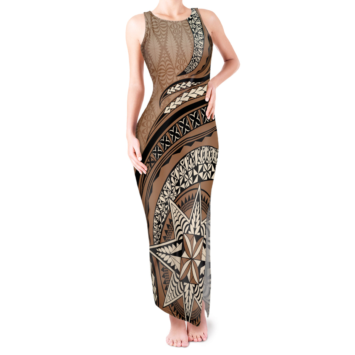 Tonga Ngatu Tank Maxi Dress Tokelau Classic Motifs LT7 Women Brown - Polynesian Pride