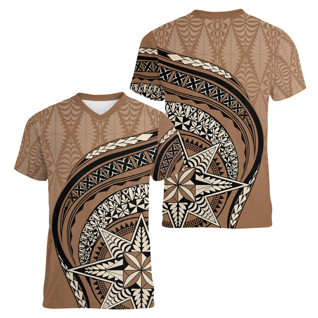 Tonga Ngatu Women V Neck T Shirt Tokelau Classic Motifs LT7 - Polynesian Pride