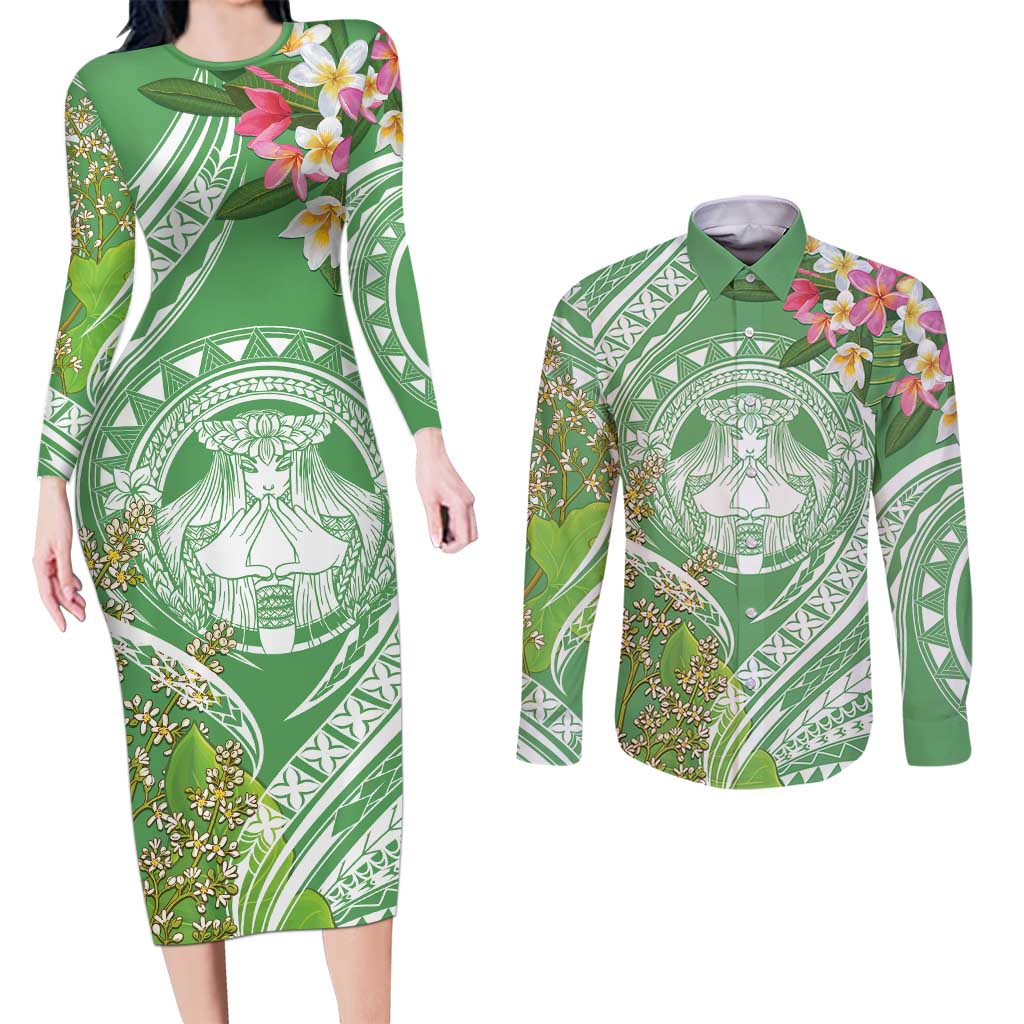 Aloha Molokai Island Couples Matching Long Sleeve Bodycon Dress and Long Sleeve Button Shirt Hawaii Pua Kukui