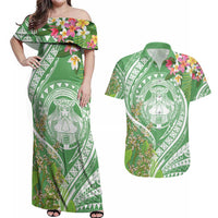 Aloha Molokai Island Couples Matching Off Shoulder Maxi Dress and Hawaiian Shirt Hawaii Pua Kukui