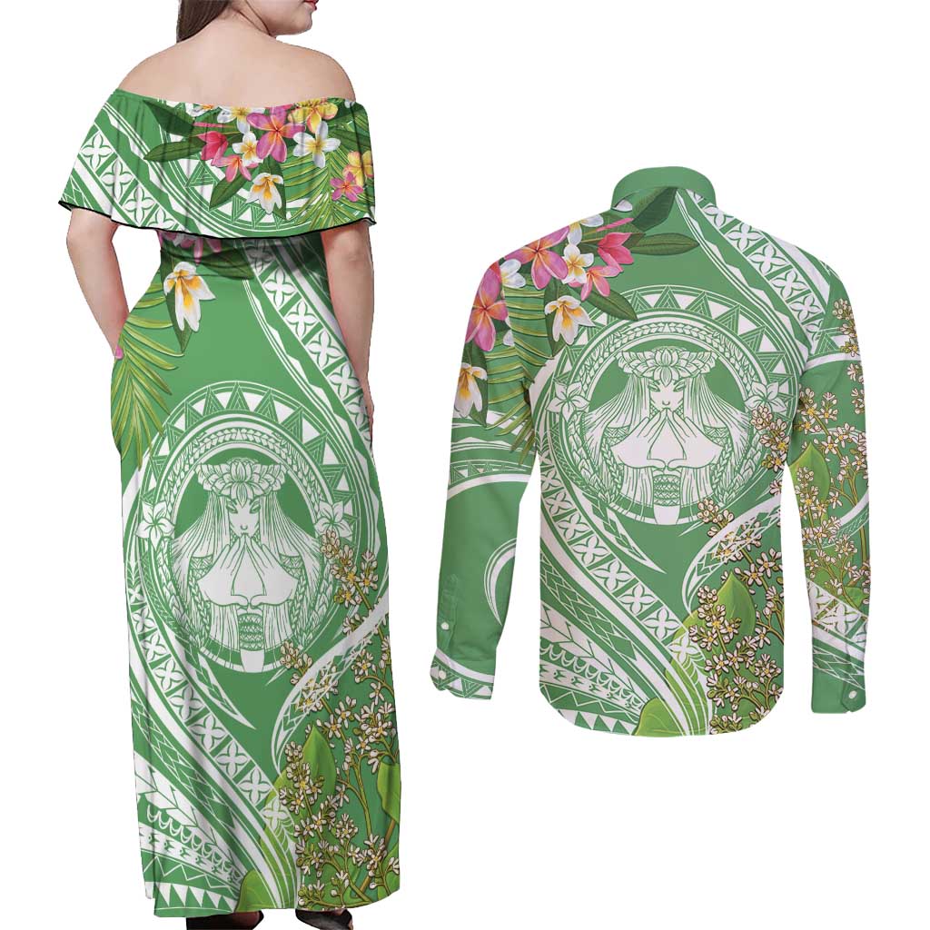 Aloha Molokai Island Couples Matching Off Shoulder Maxi Dress and Long Sleeve Button Shirt Hawaii Pua Kukui