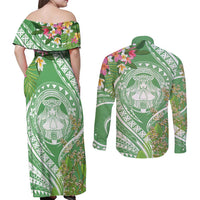 Aloha Molokai Island Couples Matching Off Shoulder Maxi Dress and Long Sleeve Button Shirt Hawaii Pua Kukui