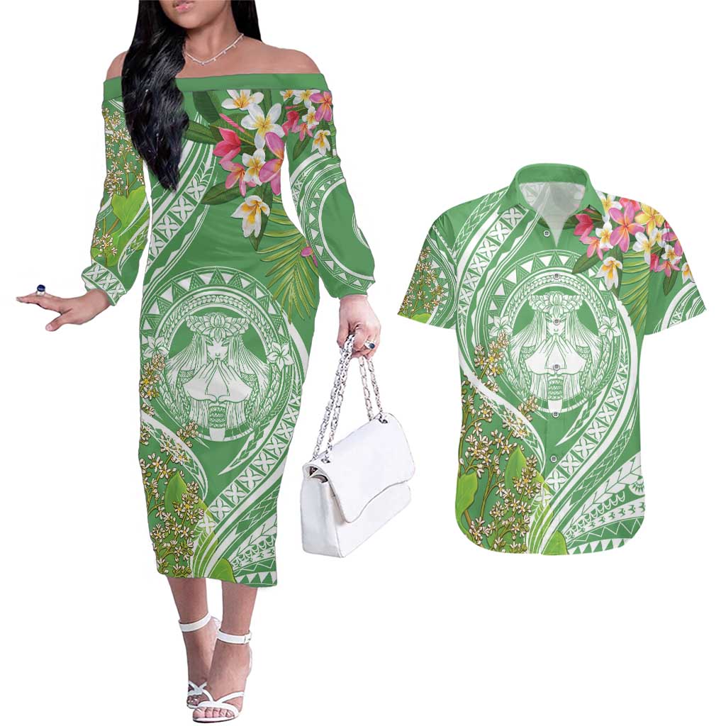 Aloha Molokai Island Couples Matching Off The Shoulder Long Sleeve Dress and Hawaiian Shirt Hawaii Pua Kukui