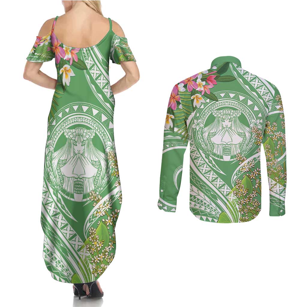 Aloha Molokai Island Couples Matching Summer Maxi Dress and Long Sleeve Button Shirt Hawaii Pua Kukui