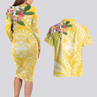 Aloha Hawaii Oahu Couples Matching Long Sleeve Bodycon Dress and Hawaiian Shirt Wahine with Ilima Lei