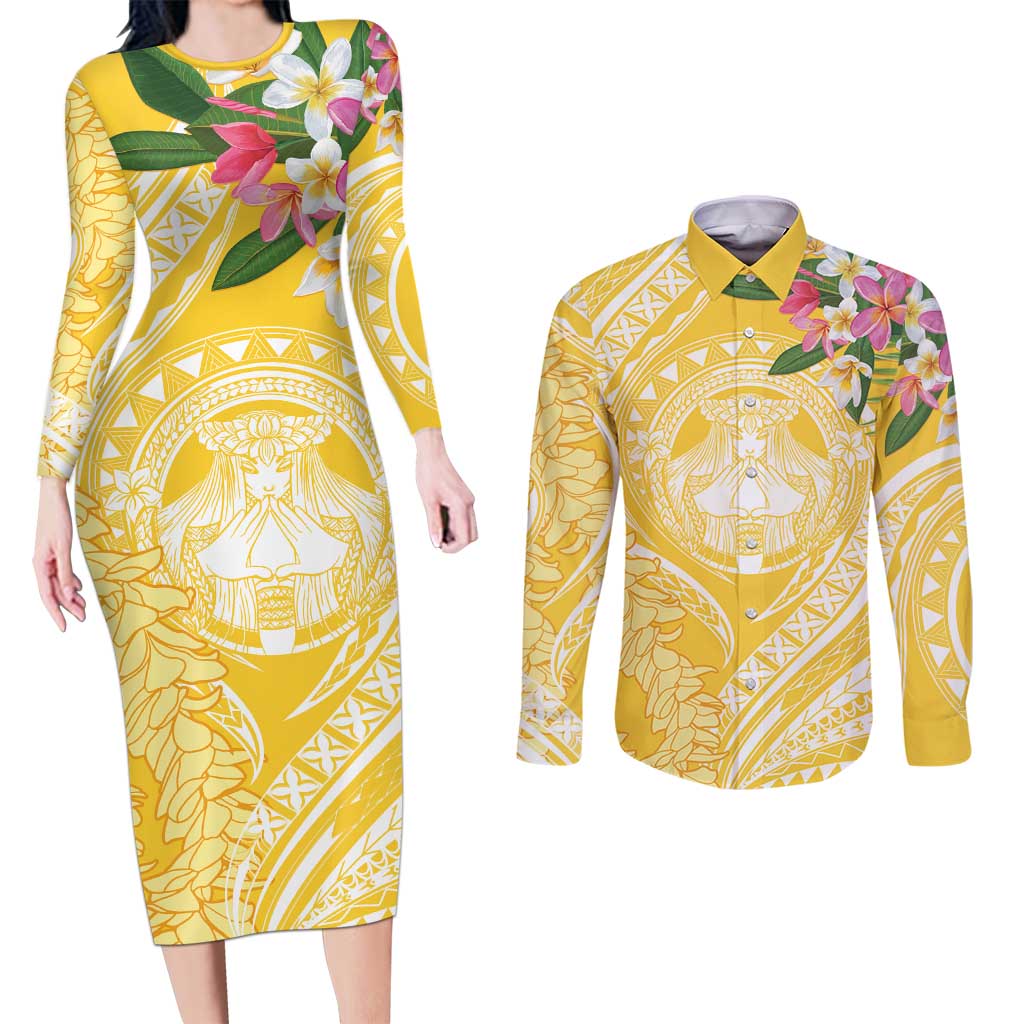 Aloha Hawaii Oahu Couples Matching Long Sleeve Bodycon Dress and Long Sleeve Button Shirt Wahine with Ilima Lei