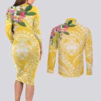 Aloha Hawaii Oahu Couples Matching Long Sleeve Bodycon Dress and Long Sleeve Button Shirt Wahine with Ilima Lei