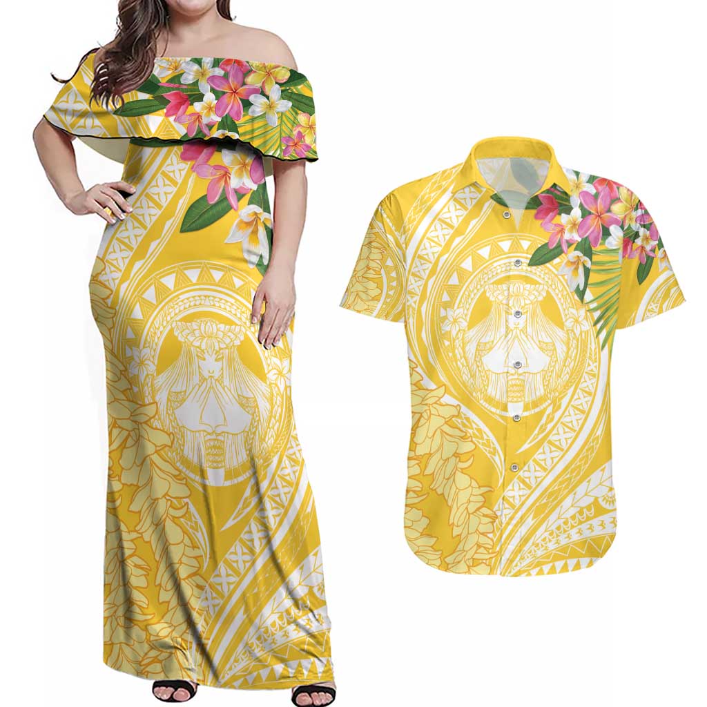 Aloha Hawaii Oahu Couples Matching Off Shoulder Maxi Dress and Hawaiian Shirt Wahine with Ilima Lei
