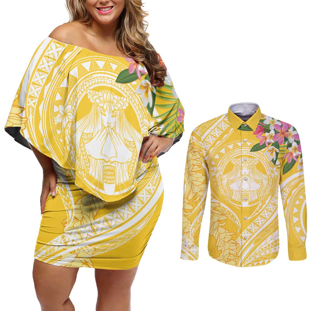 Aloha Hawaii Oahu Couples Matching Off Shoulder Short Dress and Long Sleeve Button Shirt Wahine with Ilima Lei