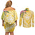 Aloha Hawaii Oahu Couples Matching Off Shoulder Short Dress and Long Sleeve Button Shirt Wahine with Ilima Lei