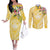 Aloha Hawaii Oahu Couples Matching Off The Shoulder Long Sleeve Dress and Long Sleeve Button Shirt Wahine with Ilima Lei