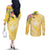 Aloha Hawaii Oahu Couples Matching Off The Shoulder Long Sleeve Dress and Long Sleeve Button Shirt Wahine with Ilima Lei