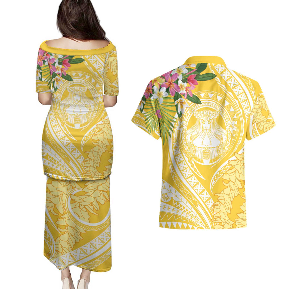 Aloha Hawaii Oahu Couples Matching Puletasi and Hawaiian Shirt Wahine with Ilima Lei