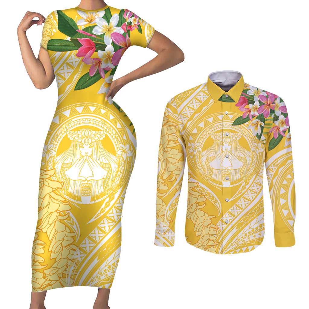 Aloha Hawaii Oahu Couples Matching Short Sleeve Bodycon Dress and Long Sleeve Button Shirt Wahine with Ilima Lei