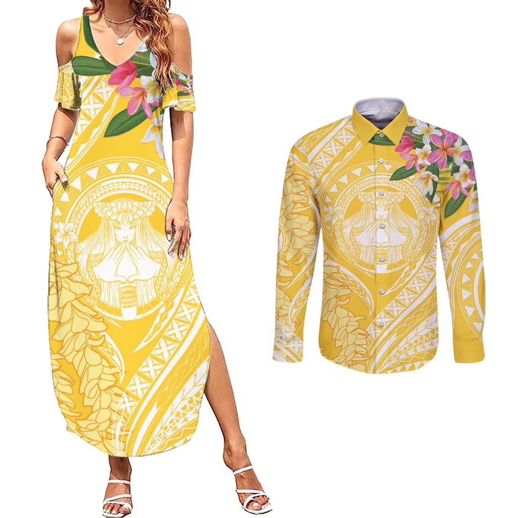 Aloha Hawaii Oahu Couples Matching Summer Maxi Dress and Long Sleeve Button Shirt Wahine with Ilima Lei