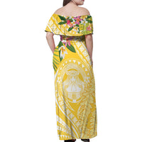 Aloha Hawaii Oahu Family Matching Off Shoulder Maxi Dress and Hawaiian Shirt Wahine with Ilima Lei