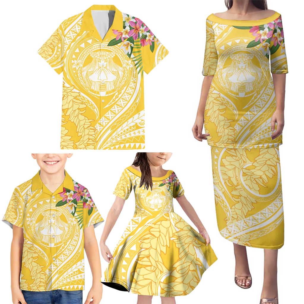 Aloha Hawaii Oahu Family Matching Puletasi and Hawaiian Shirt Wahine with Ilima Lei