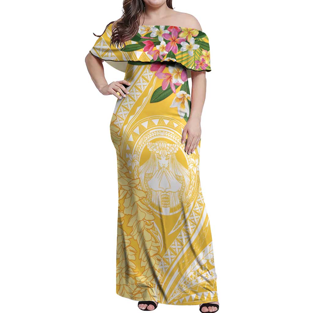 Aloha Hawaii Oahu Off Shoulder Maxi Dress Wahine with Ilima Lei