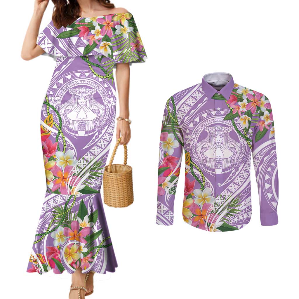 Aloha Hawaii Kauai Couples Matching Mermaid Dress and Long Sleeve Button Shirt Frangipani Mix Mokihana Lei