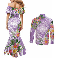 Aloha Hawaii Kauai Couples Matching Mermaid Dress and Long Sleeve Button Shirt Frangipani Mix Mokihana Lei