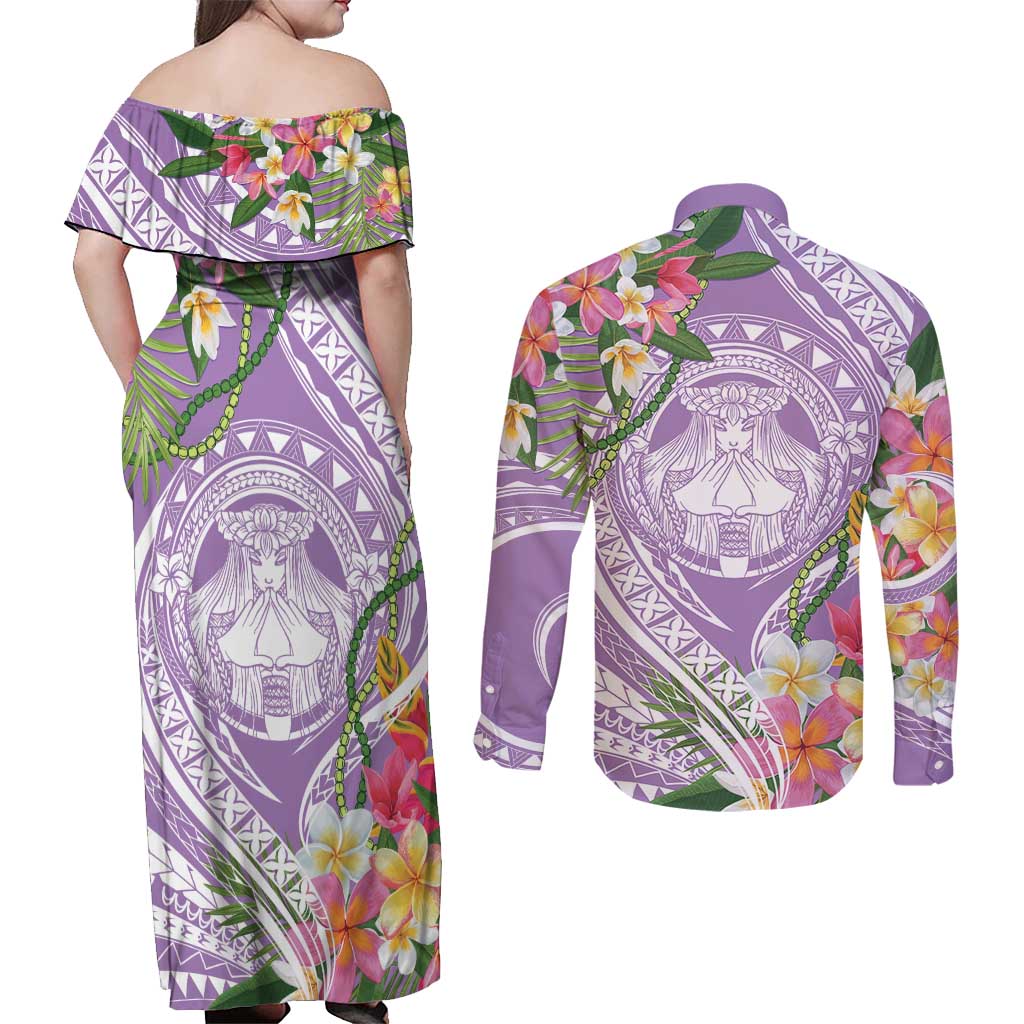 Aloha Hawaii Kauai Couples Matching Off Shoulder Maxi Dress and Long Sleeve Button Shirt Frangipani Mix Mokihana Lei