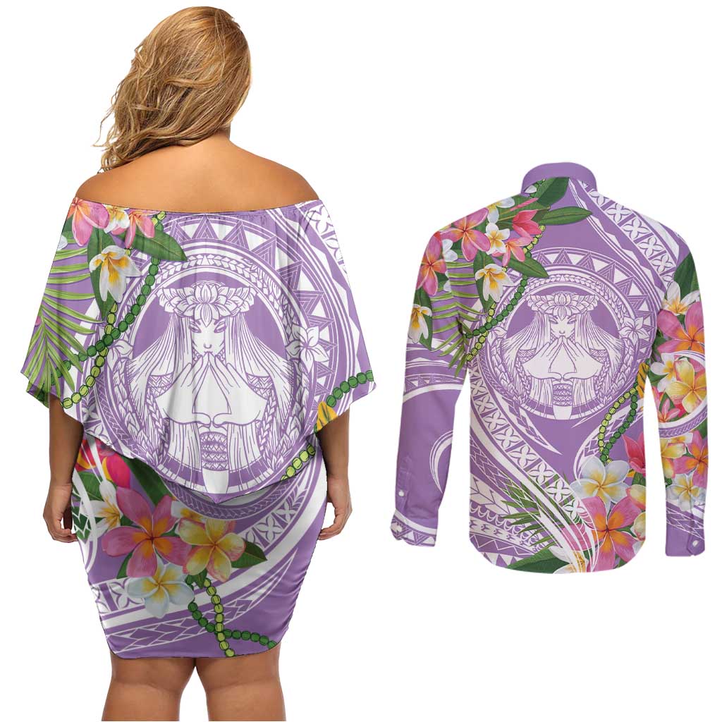 Aloha Hawaii Kauai Couples Matching Off Shoulder Short Dress and Long Sleeve Button Shirt Frangipani Mix Mokihana Lei