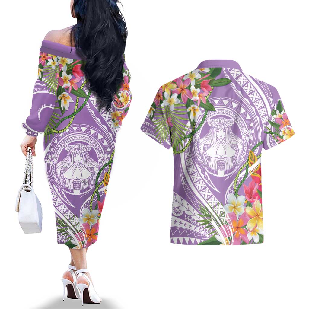 Aloha Hawaii Kauai Couples Matching Off The Shoulder Long Sleeve Dress and Hawaiian Shirt Frangipani Mix Mokihana Lei