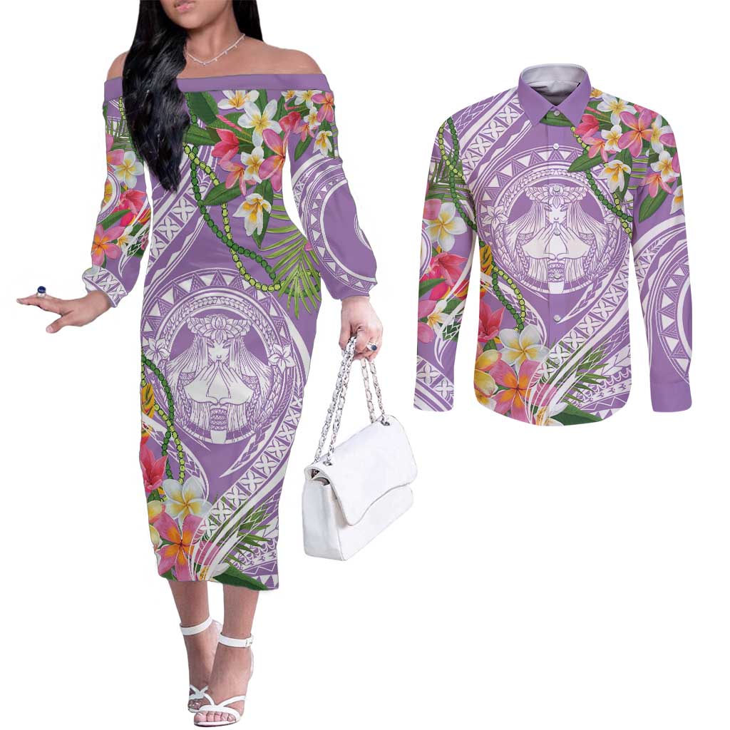 Aloha Hawaii Kauai Couples Matching Off The Shoulder Long Sleeve Dress and Long Sleeve Button Shirt Frangipani Mix Mokihana Lei