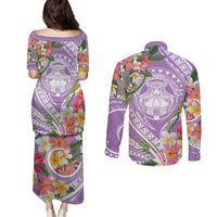 Aloha Hawaii Kauai Couples Matching Puletasi and Long Sleeve Button Shirt Frangipani Mix Mokihana Lei