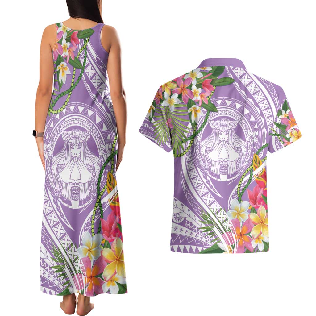 Aloha Hawaii Kauai Couples Matching Tank Maxi Dress and Hawaiian Shirt Frangipani Mix Mokihana Lei