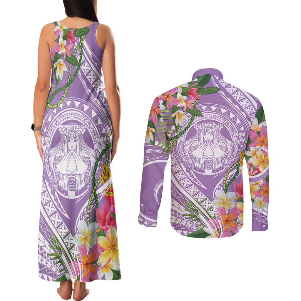 Aloha Hawaii Kauai Couples Matching Tank Maxi Dress and Long Sleeve Button Shirt Frangipani Mix Mokihana Lei