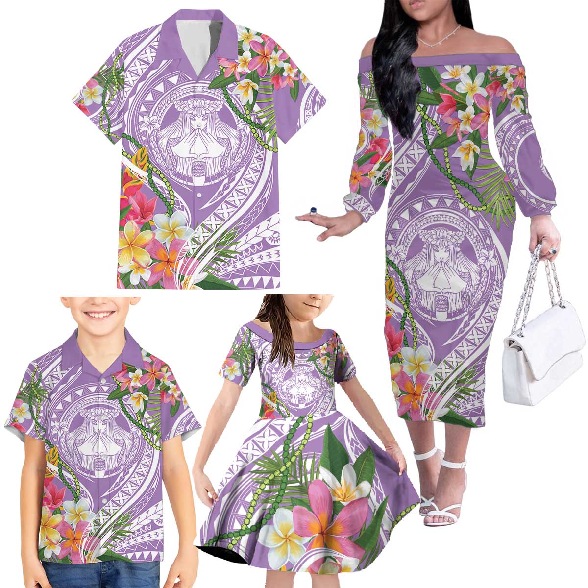 Aloha Hawaii Kauai Family Matching Off The Shoulder Long Sleeve Dress and Hawaiian Shirt Frangipani Mix Mokihana Lei