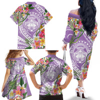 Aloha Hawaii Kauai Family Matching Off The Shoulder Long Sleeve Dress and Hawaiian Shirt Frangipani Mix Mokihana Lei