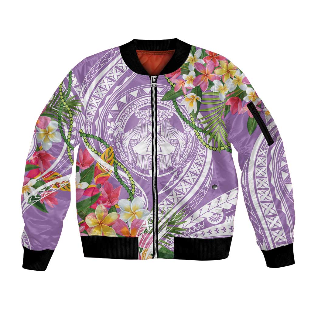 Aloha Hawaii Kauai Sleeve Zip Bomber Jacket Frangipani Mix Mokihana Lei