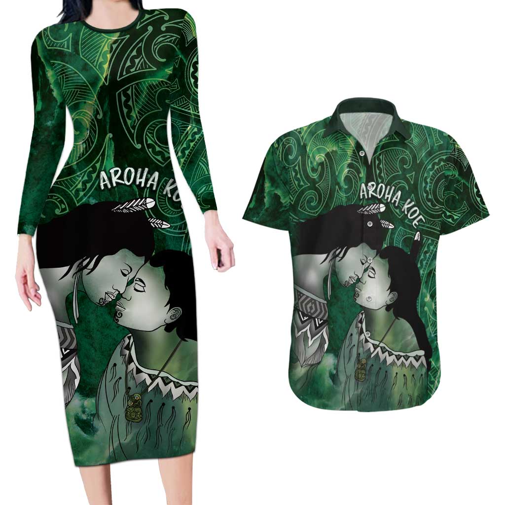 New Zealand Aroha Koe Mama Couples Matching Long Sleeve Bodycon Dress and Hawaiian Shirt Maori Hongi - Pounamu LT7 Green - Polynesian Pride