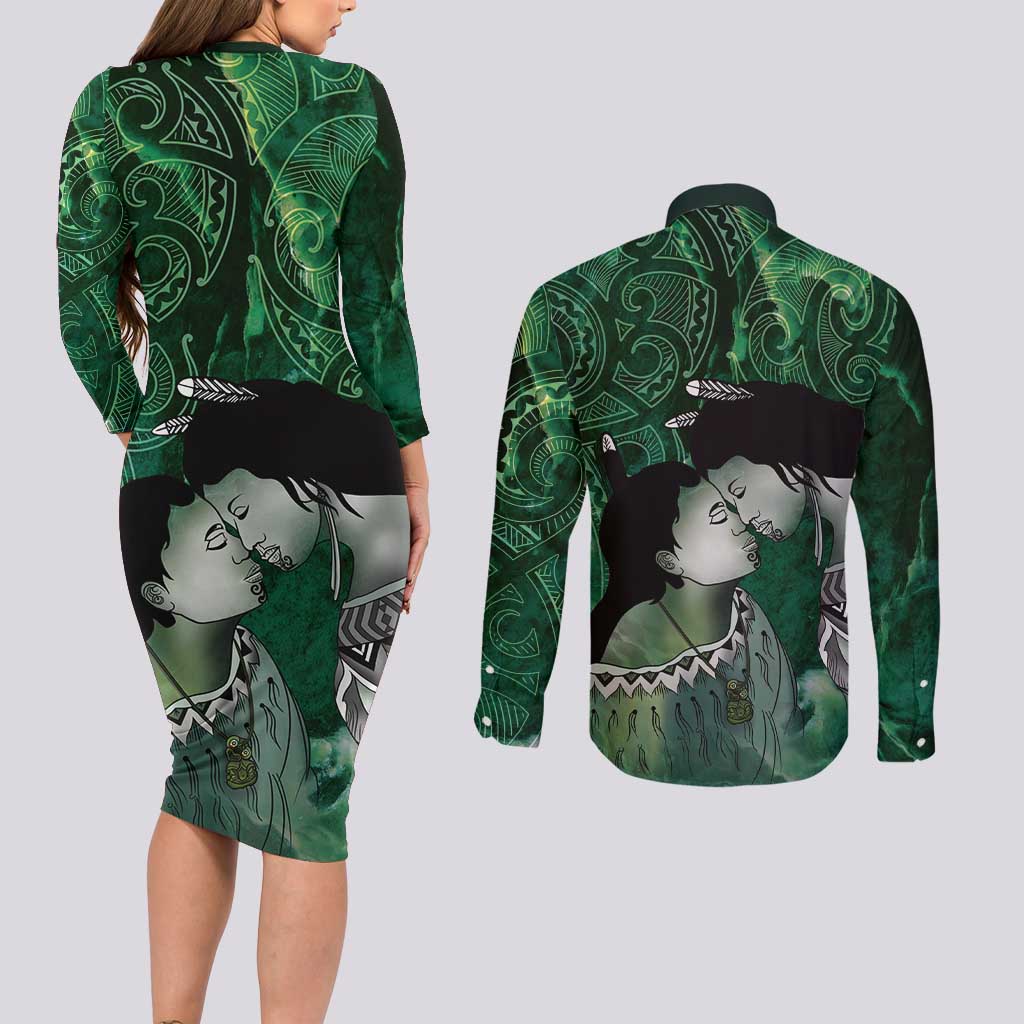 New Zealand Aroha Koe Mama Couples Matching Long Sleeve Bodycon Dress and Long Sleeve Button Shirt Maori Hongi - Pounamu LT7 - Polynesian Pride