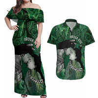 New Zealand Aroha Koe Mama Couples Matching Off Shoulder Maxi Dress and Hawaiian Shirt Maori Hongi - Pounamu LT7 Green - Polynesian Pride