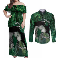 New Zealand Aroha Koe Mama Couples Matching Off Shoulder Maxi Dress and Long Sleeve Button Shirt Maori Hongi - Pounamu LT7 Green - Polynesian Pride