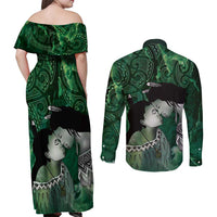 New Zealand Aroha Koe Mama Couples Matching Off Shoulder Maxi Dress and Long Sleeve Button Shirt Maori Hongi - Pounamu LT7 - Polynesian Pride