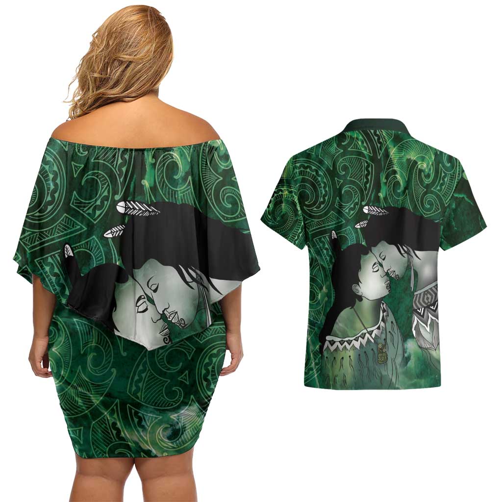 New Zealand Aroha Koe Mama Couples Matching Off Shoulder Short Dress and Hawaiian Shirt Maori Hongi - Pounamu LT7 - Polynesian Pride