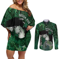 New Zealand Aroha Koe Mama Couples Matching Off Shoulder Short Dress and Long Sleeve Button Shirt Maori Hongi - Pounamu LT7 Green - Polynesian Pride