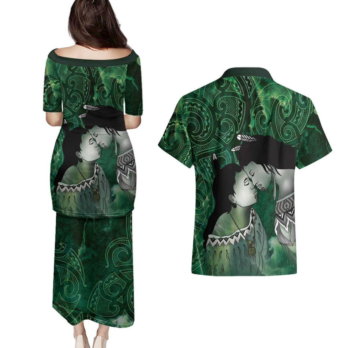 New Zealand Aroha Koe Mama Couples Matching Puletasi and Hawaiian Shirt Maori Hongi - Pounamu LT7 - Polynesian Pride