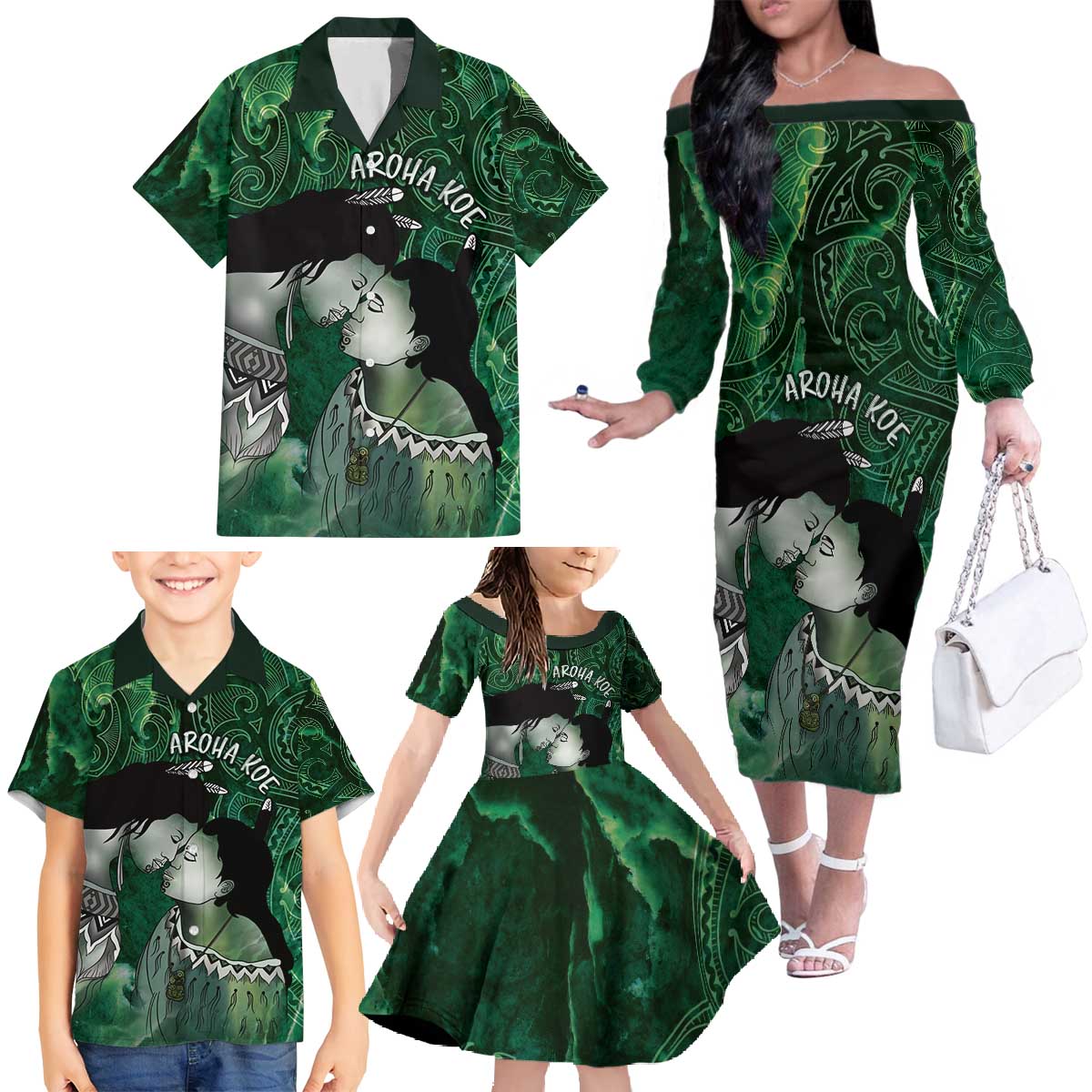 New Zealand Aroha Koe Mama Family Matching Off The Shoulder Long Sleeve Dress and Hawaiian Shirt Maori Hongi - Pounamu LT7 - Polynesian Pride