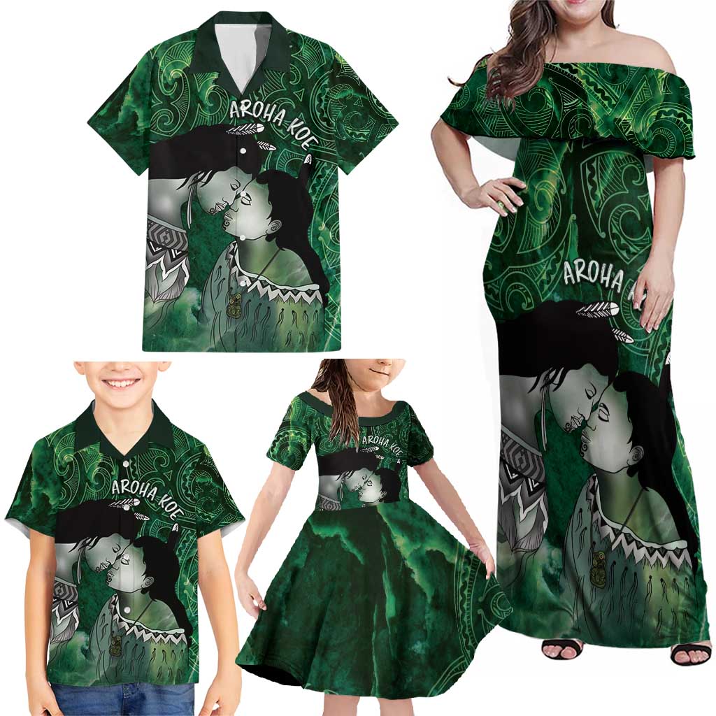 New Zealand Aroha Koe Mama Family Matching Off Shoulder Maxi Dress and Hawaiian Shirt Maori Hongi - Pounamu LT7 - Polynesian Pride