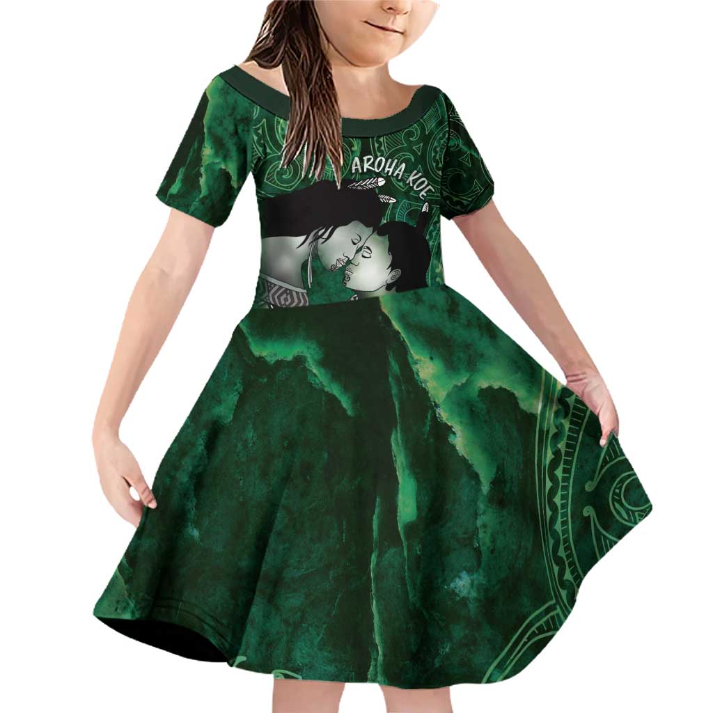New Zealand Aroha Koe Mama Family Matching Off Shoulder Short Dress and Hawaiian Shirt Maori Hongi - Pounamu LT7 Daughter's Dress Green - Polynesian Pride