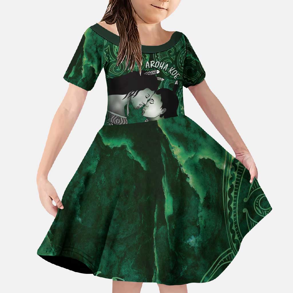 New Zealand Aroha Koe Mama Family Matching Summer Maxi Dress and Hawaiian Shirt Maori Hongi - Pounamu LT7 Daughter's Dress Green - Polynesian Pride