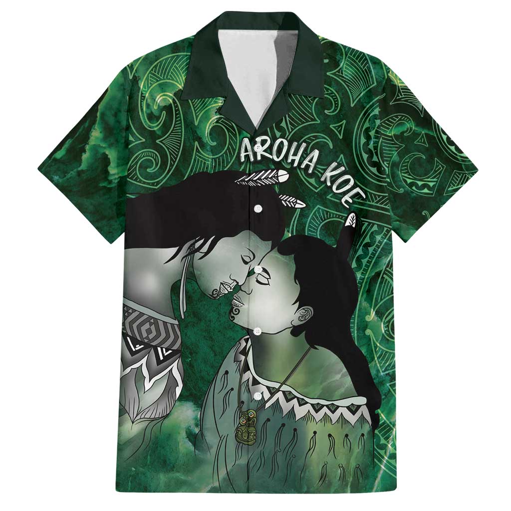 New Zealand Aroha Koe Mama Family Matching Summer Maxi Dress and Hawaiian Shirt Maori Hongi - Pounamu LT7 Dad's Shirt - Short Sleeve Green - Polynesian Pride